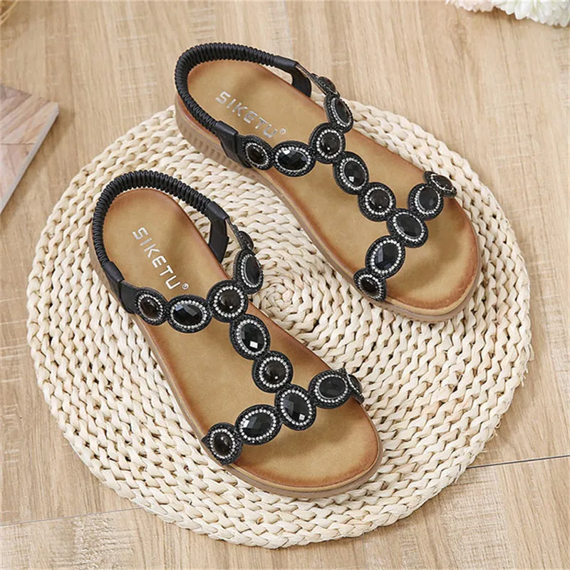 Shiny Rhinestone Bohemian Flat Sandals for Lady