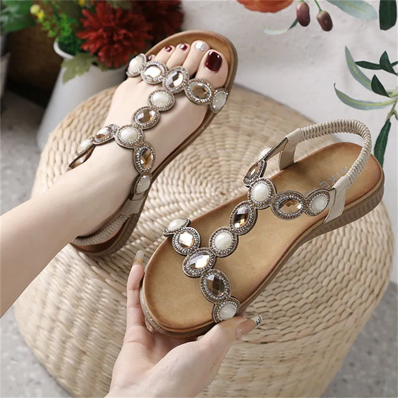 Shiny Rhinestone Bohemian Flat Sandals for Lady