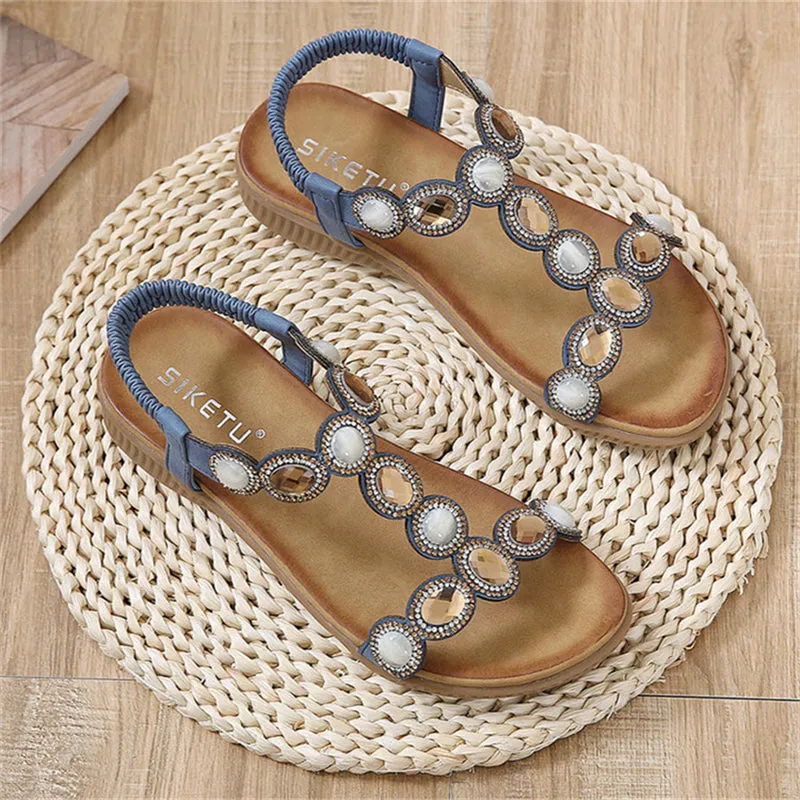 Shiny Rhinestone Bohemian Flat Sandals for Lady