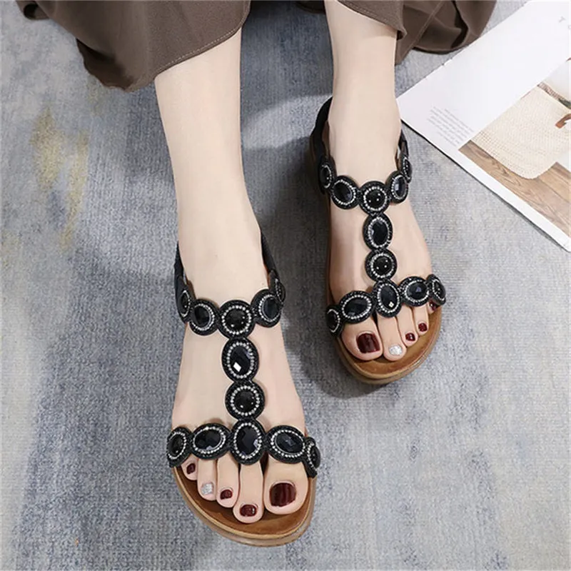Shiny Rhinestone Bohemian Flat Sandals for Lady