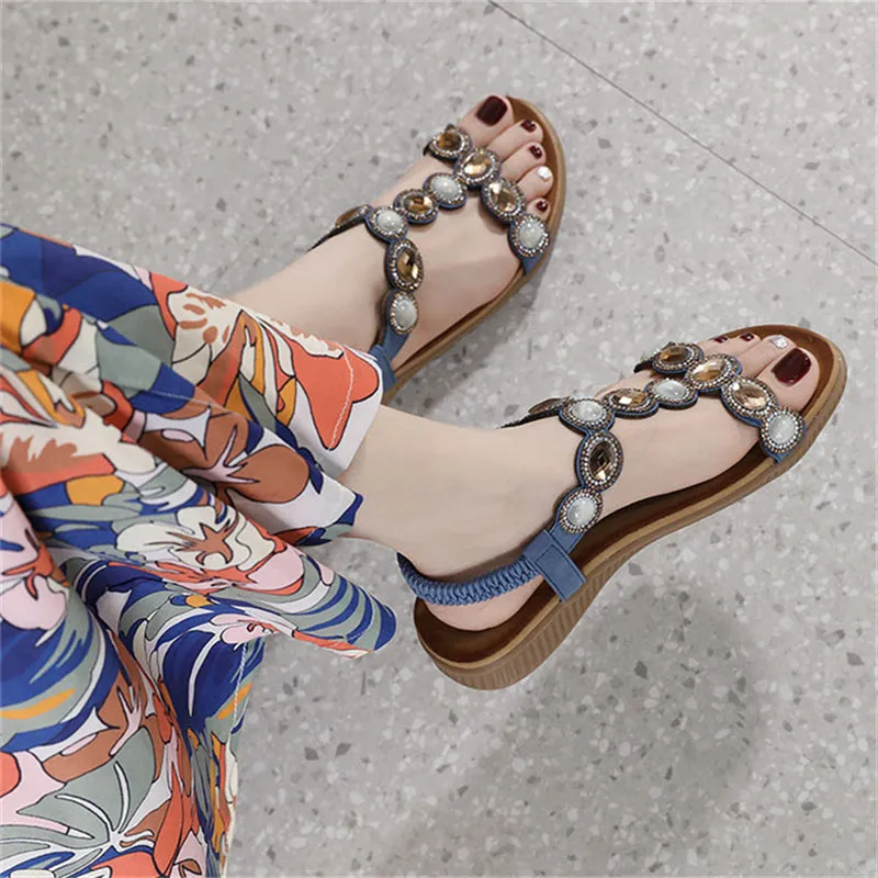 Shiny Rhinestone Bohemian Flat Sandals for Lady