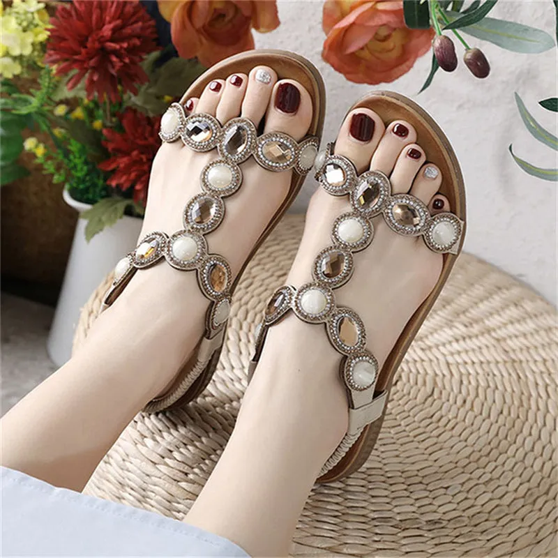 Shiny Rhinestone Bohemian Flat Sandals for Lady