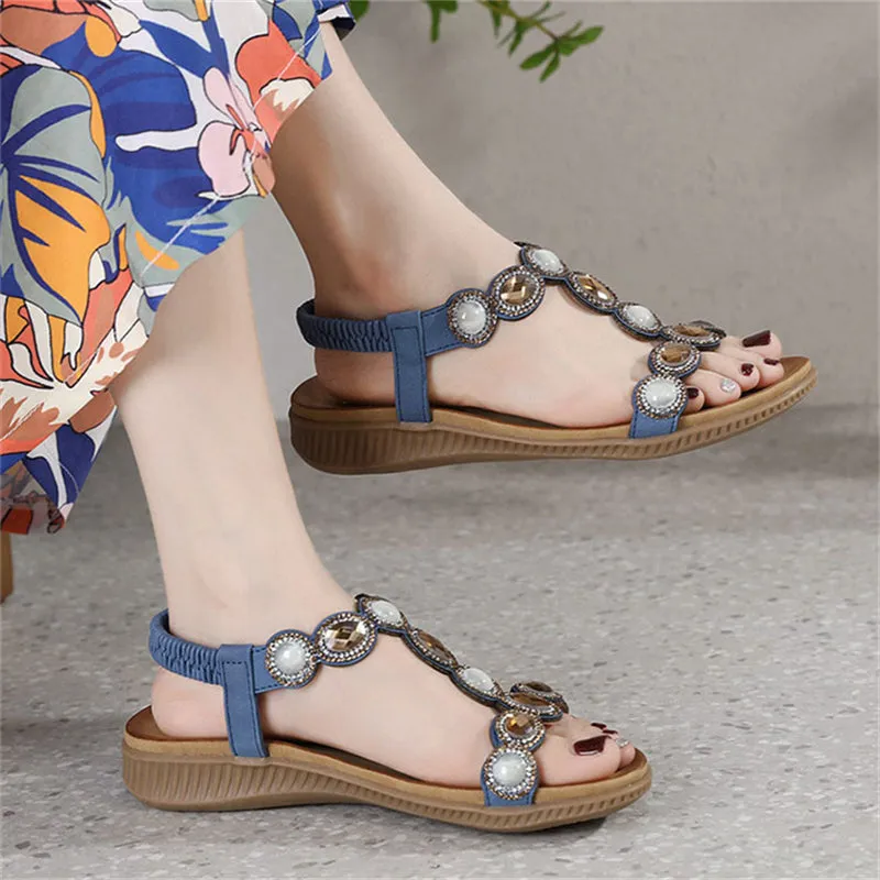 Shiny Rhinestone Bohemian Flat Sandals for Lady