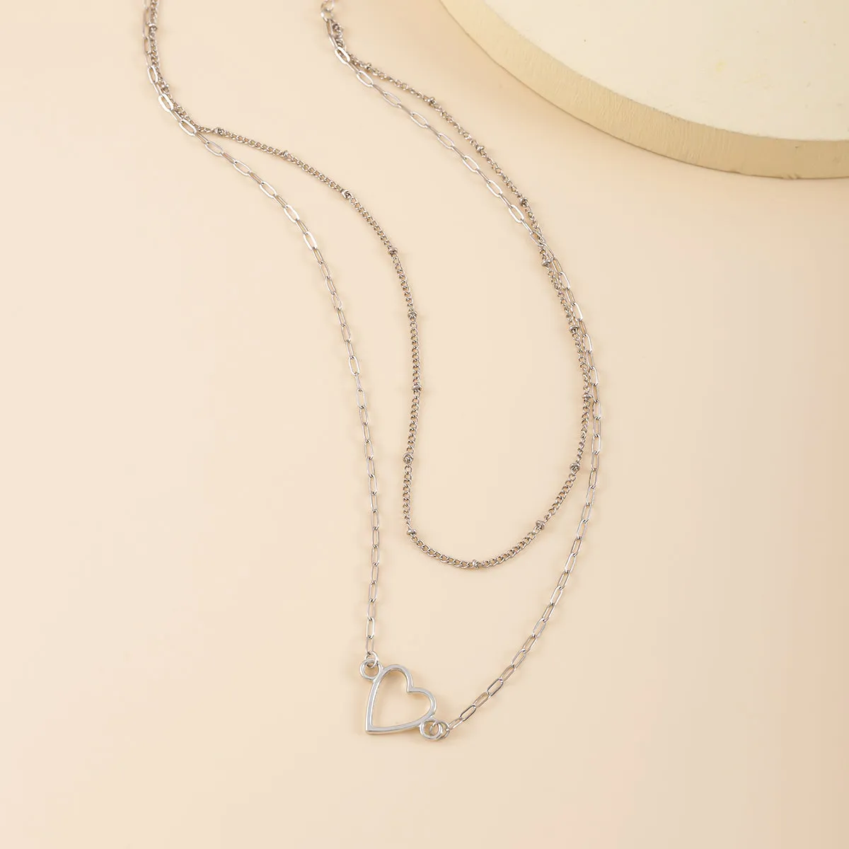 Silver-Plated Heart Layered Pendant Necklace