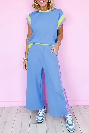 Sky Blue Color Block Detail Casual Two-piece Outfit