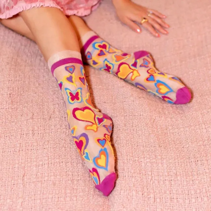 Sock Candy Y2K Hearts Ruffle Sheer Crew Sock