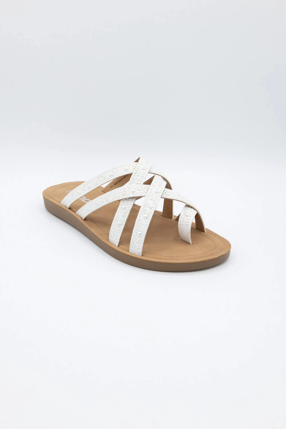 Soda Step Up Strappy Rhinestone Slides for Women in Pearl White | STEPUP-S PEARL