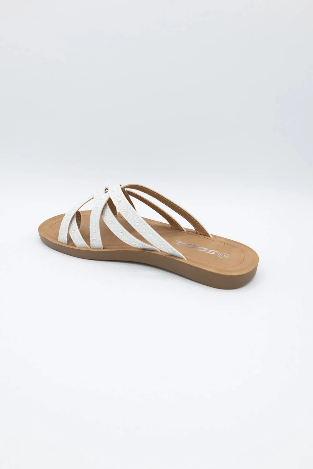 Soda Step Up Strappy Rhinestone Slides for Women in Pearl White | STEPUP-S PEARL