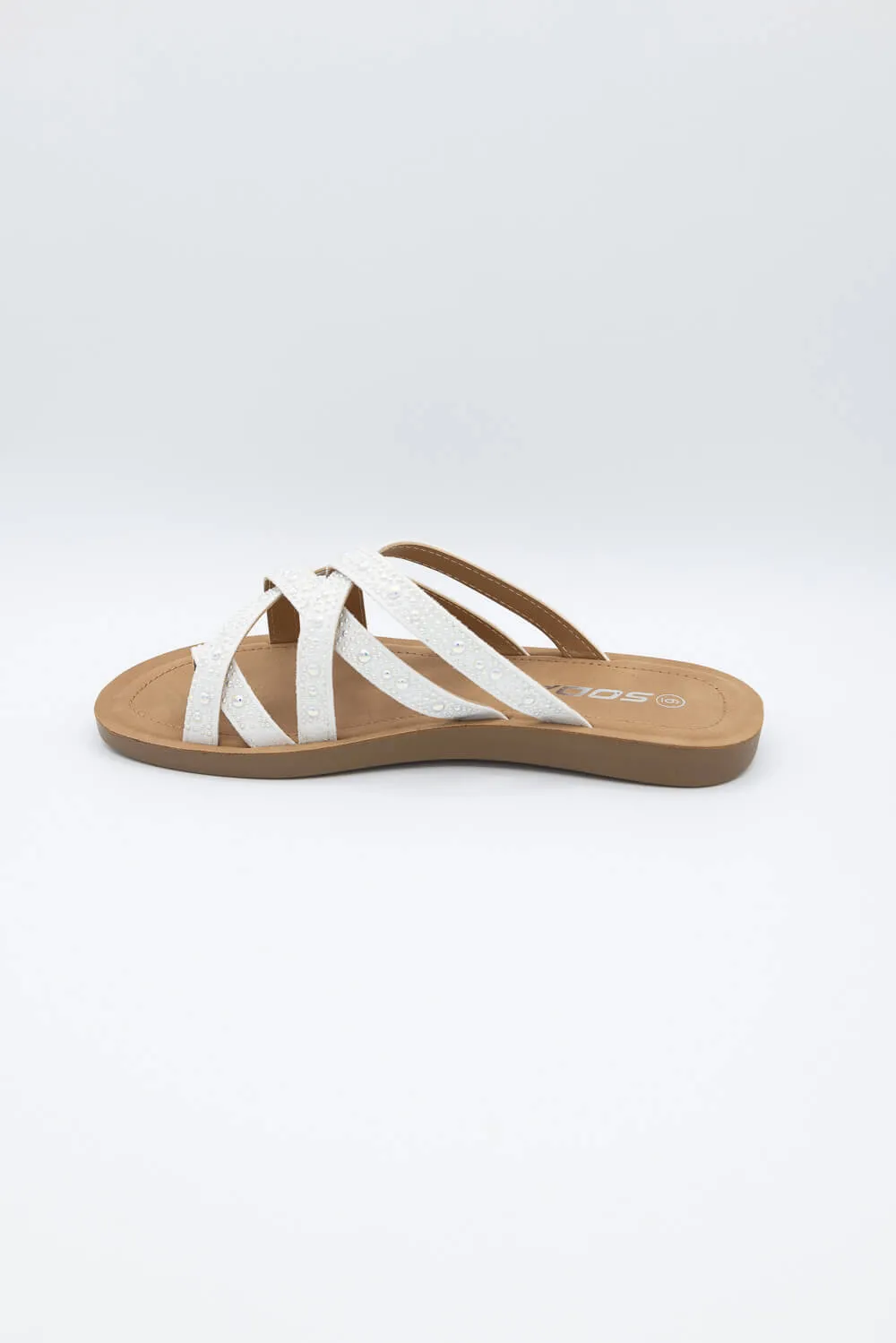 Soda Step Up Strappy Rhinestone Slides for Women in Pearl White | STEPUP-S PEARL