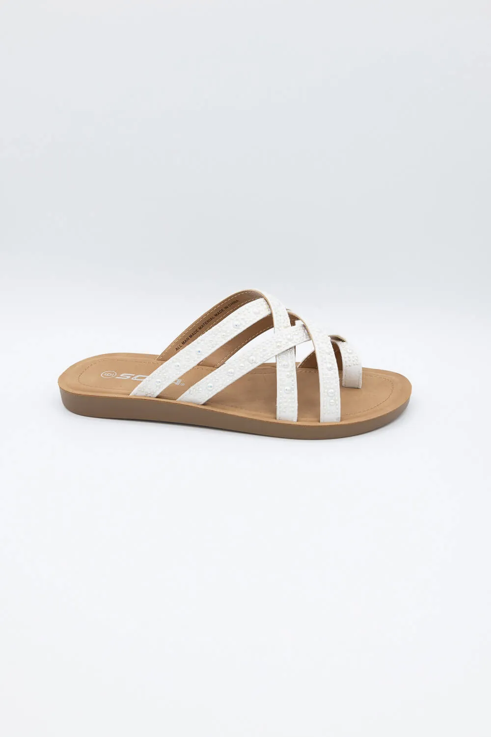 Soda Step Up Strappy Rhinestone Slides for Women in Pearl White | STEPUP-S PEARL