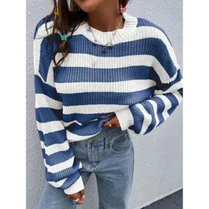 soft knit crew neck preppy striped sweater blue white