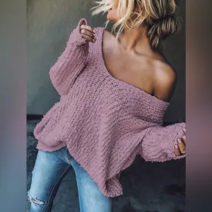 Soft knit oversized sweater v neck boho purple
