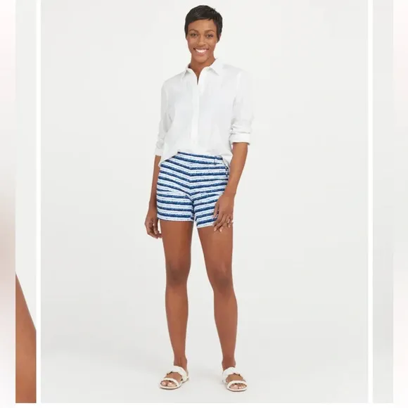 SPANX Sunshine Short 6” blue painted Stripe Golf Boat Beach Swim Trunks Large