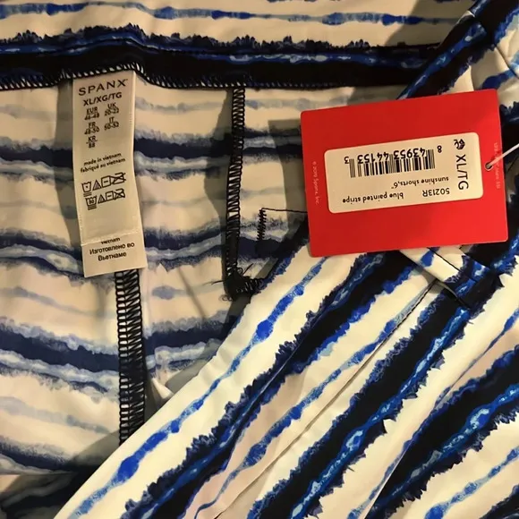 SPANX Sunshine Short 6” blue painted Stripe Golf Boat Beach Swim Trunks Large