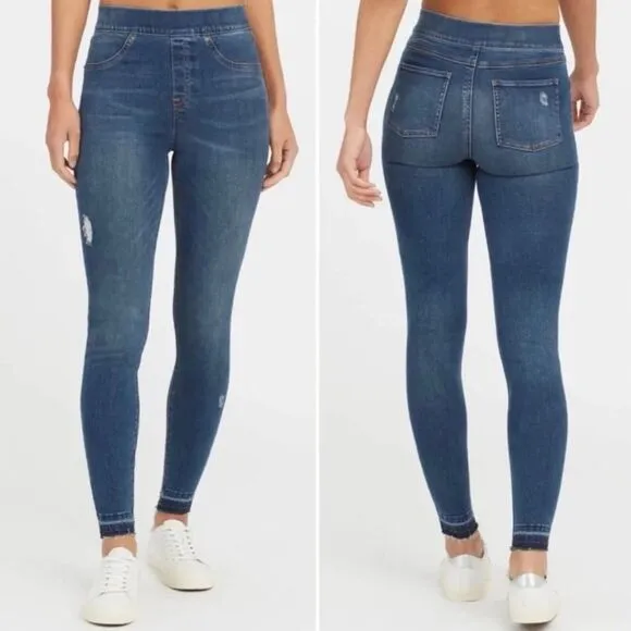 SPANX Womens Distressed Ankle Skinny Jeans Size Medium M In Medium Blue Wash