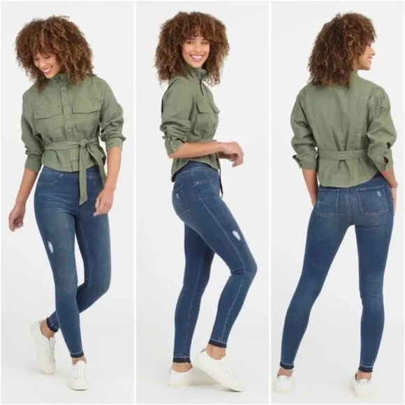 SPANX Womens Distressed Ankle Skinny Jeans Size Medium M In Medium Blue Wash
