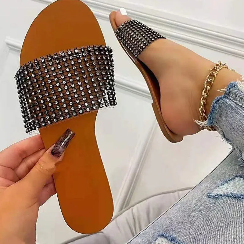 Sparkle Rhinestones Open Toe Flat Heel Slippers