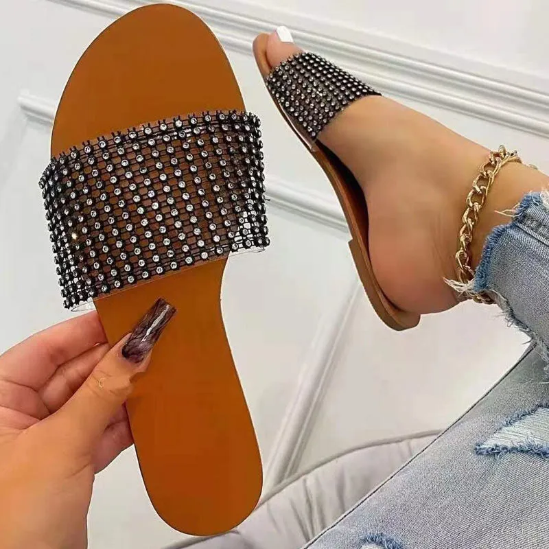 Sparkle Rhinestones Open Toe Flat Heel Slippers