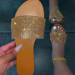 Sparkle Rhinestones Open Toe Flat Heel Slippers