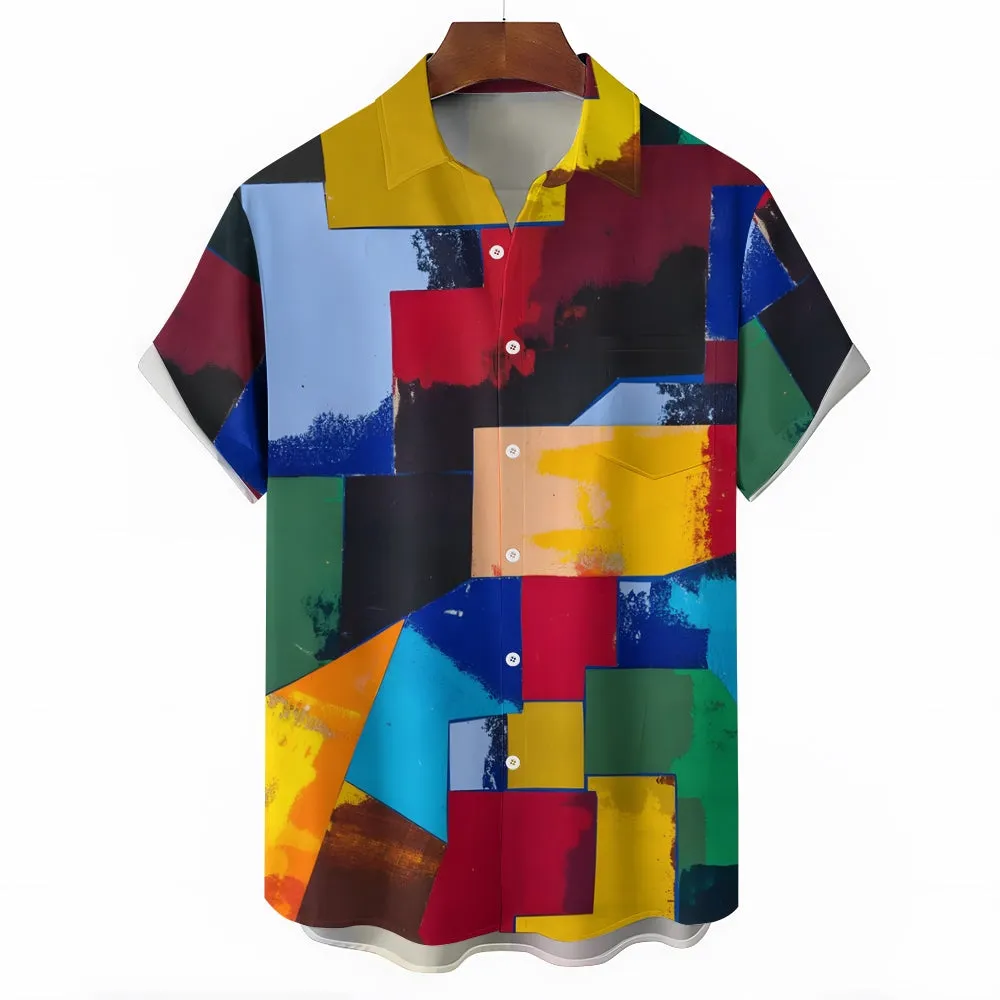 Spliced Color Block Art Print Casual Short Sleeve Shirt 2403000708
