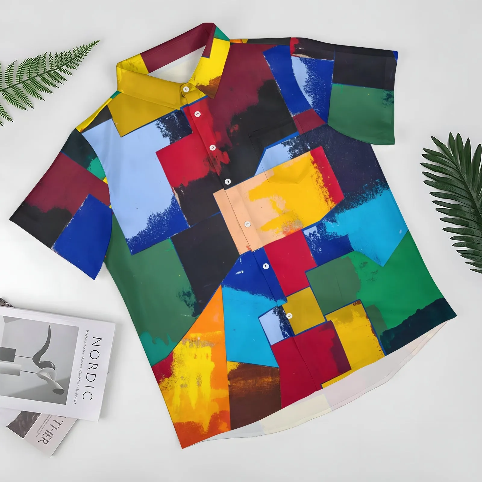 Spliced Color Block Art Print Casual Short Sleeve Shirt 2403000708