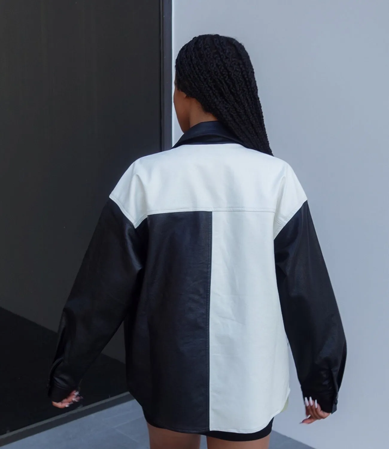 Spotlight Colorblock Leather Shacket(Black/White)
