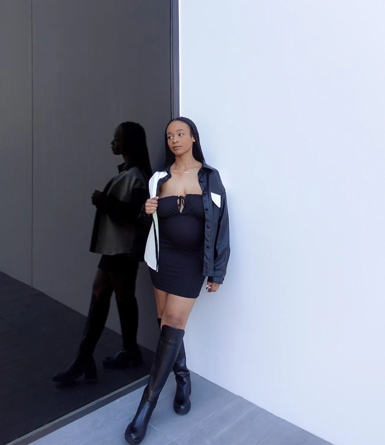 Spotlight Colorblock Leather Shacket(Black/White)