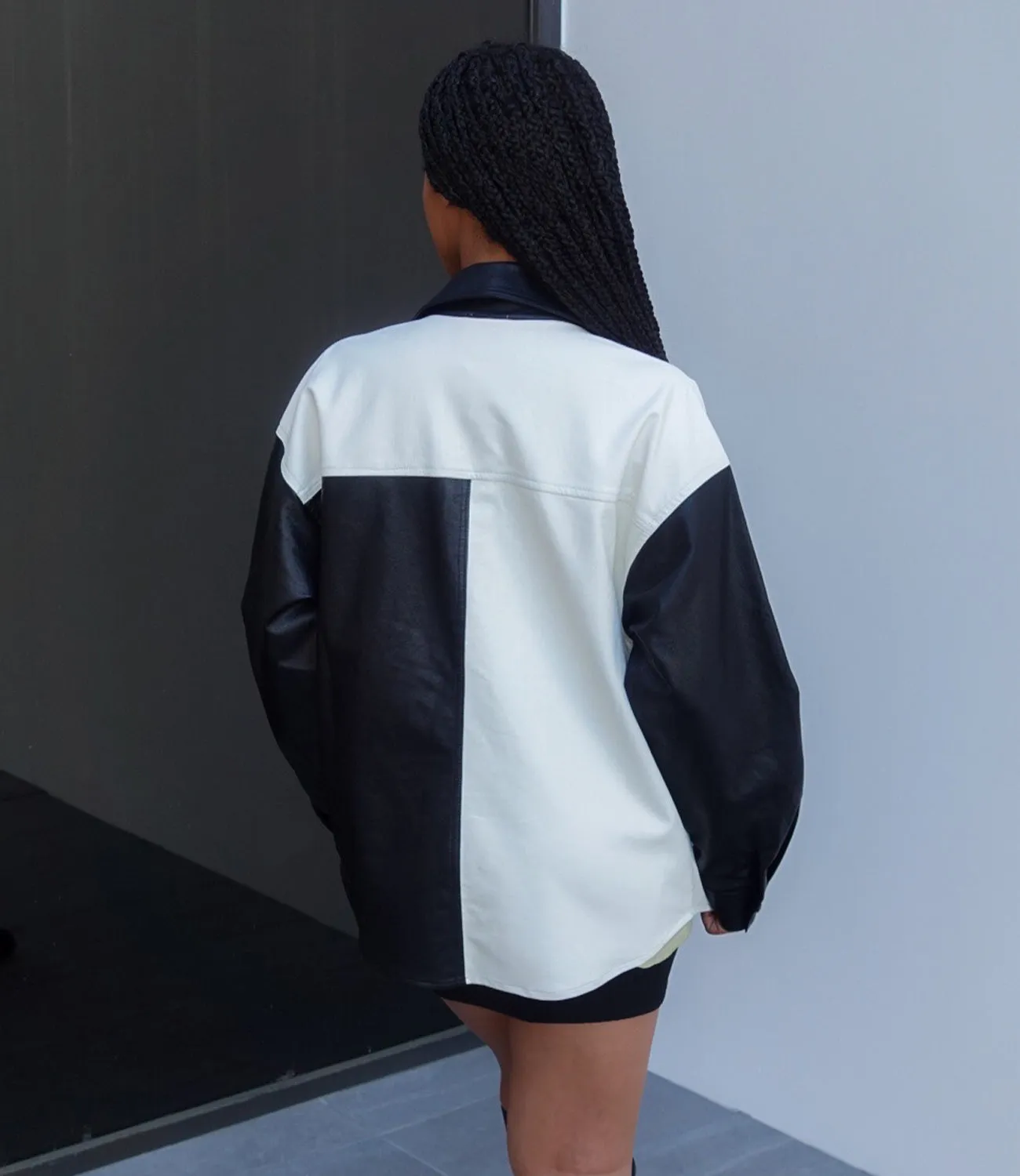 Spotlight Colorblock Leather Shacket(Black/White)