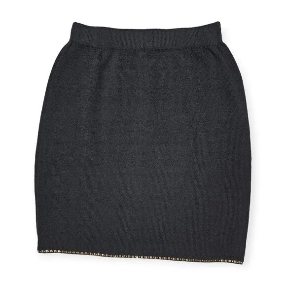 ST.‎ JOHN Evening Vintage Black Knit Skirt With Rhinestone Hem Women's Size 8