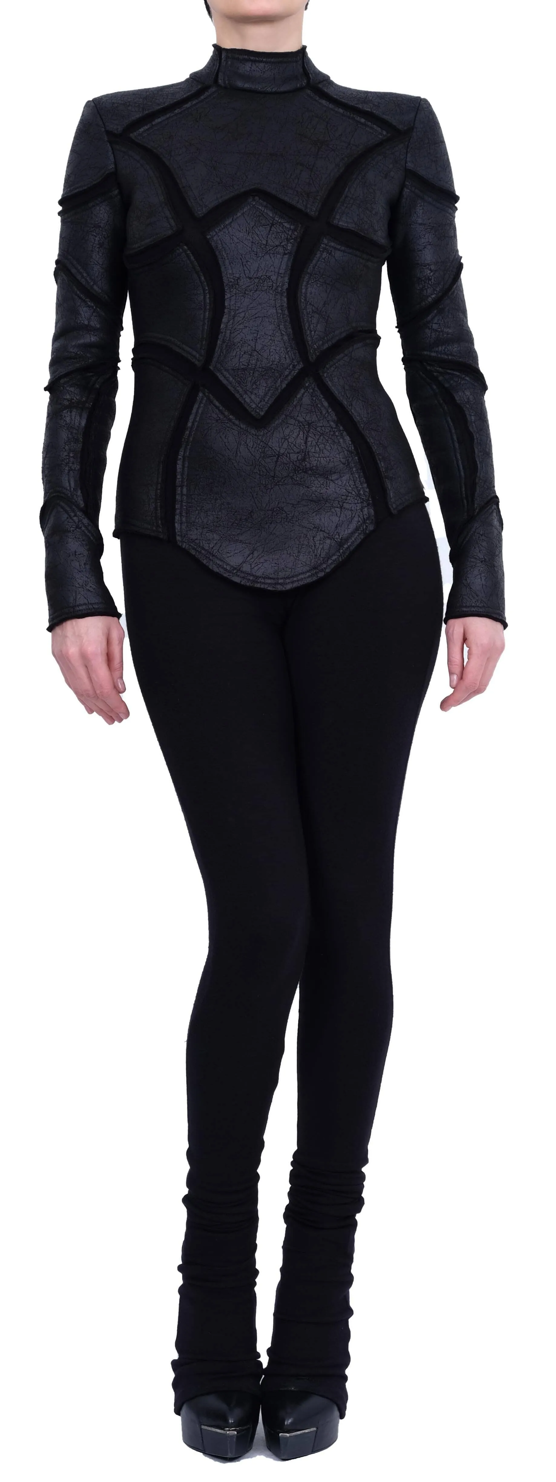 Stand Collar Leather Effect Top