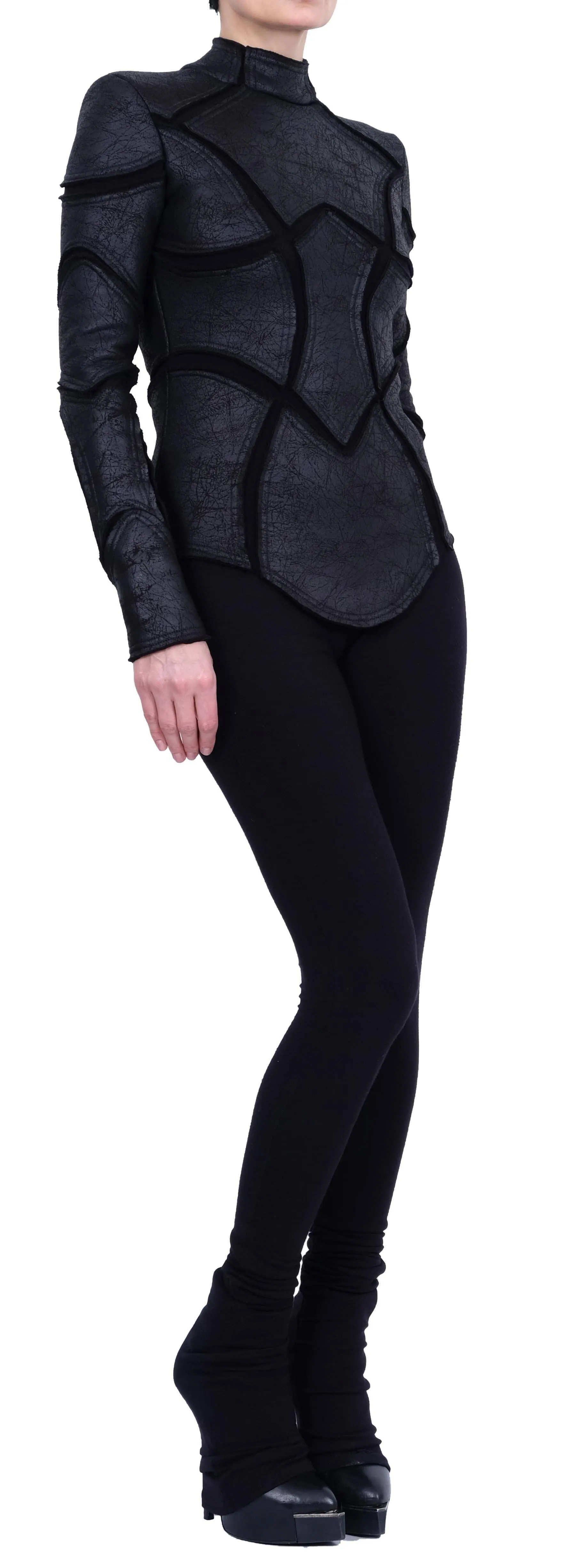 Stand Collar Leather Effect Top