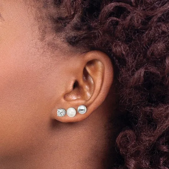 Sterling Silver Ball, 6-7mm Pearl & 5mm CZ Stud 3 Pair Earings Set