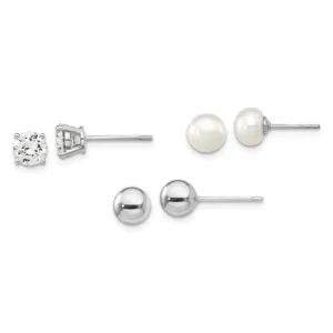 Sterling Silver Ball, 6-7mm Pearl & 5mm CZ Stud 3 Pair Earings Set