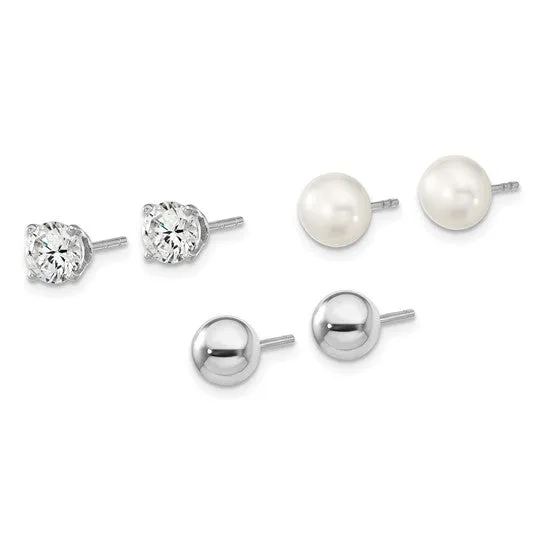 Sterling Silver Ball, 6-7mm Pearl & 5mm CZ Stud 3 Pair Earings Set