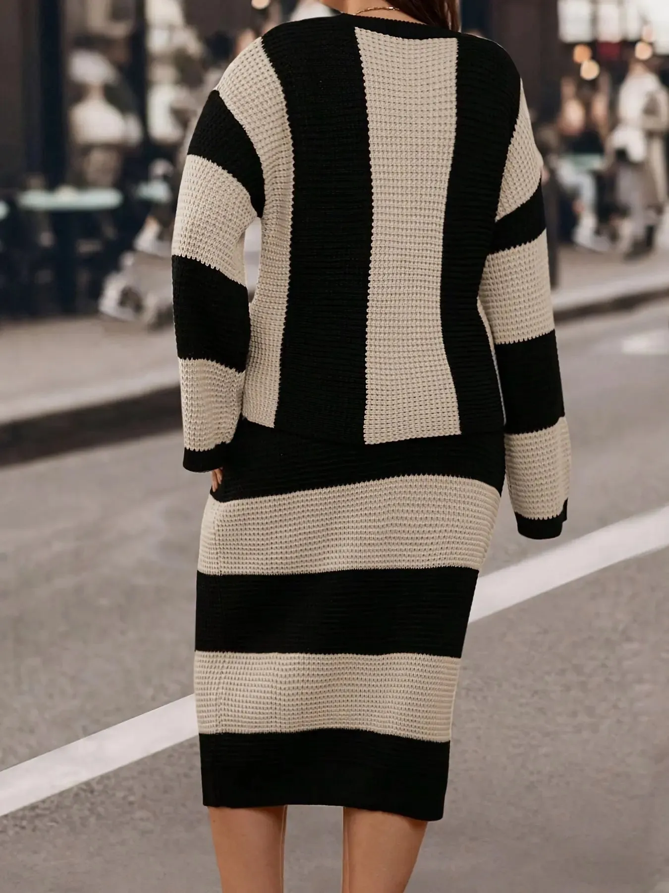 Stripe Block Knit Sweater and Skirt Set
