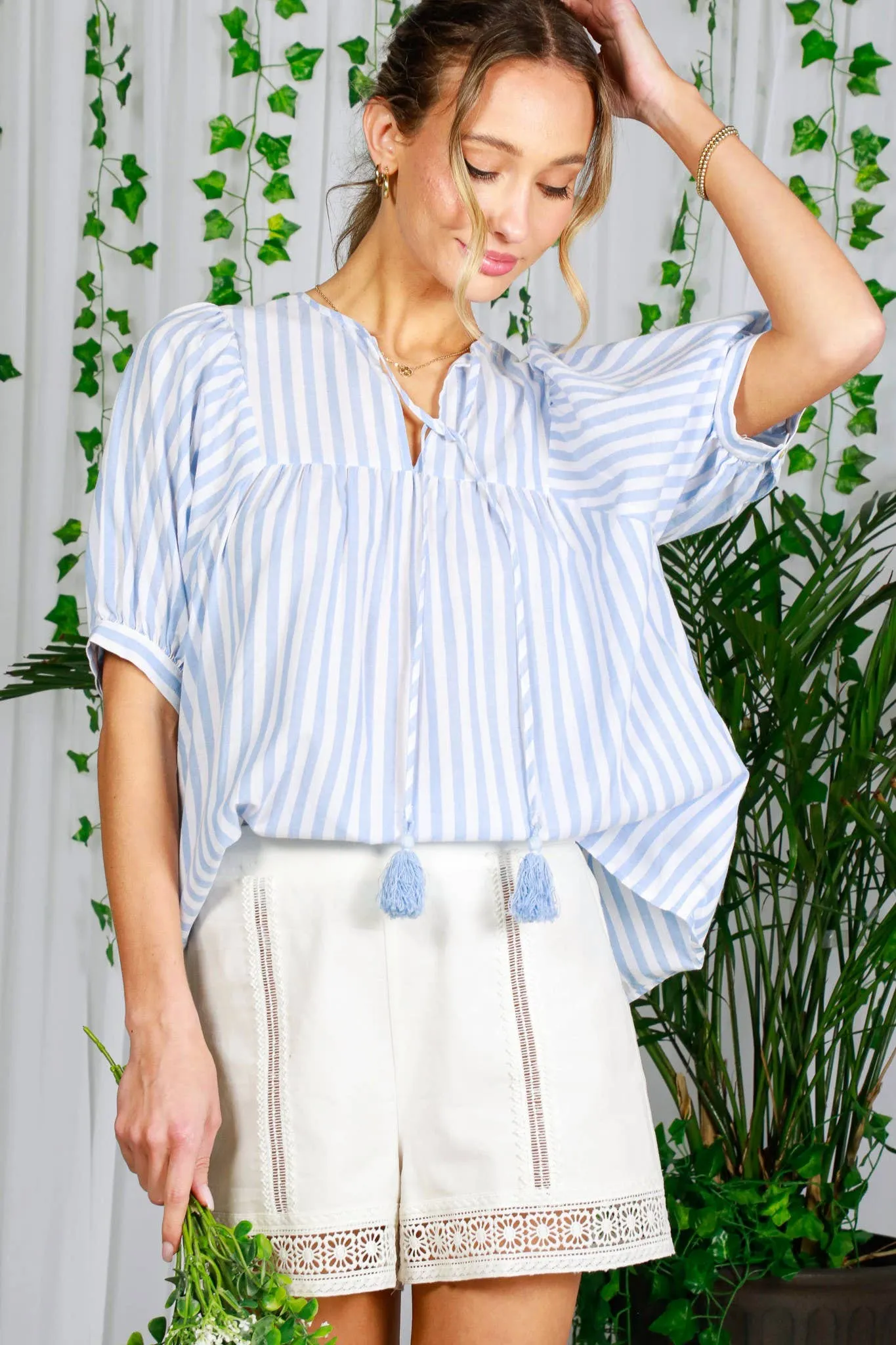 Striped Cotton Tie Neck Top