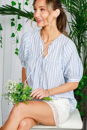 Striped Cotton Tie Neck Top
