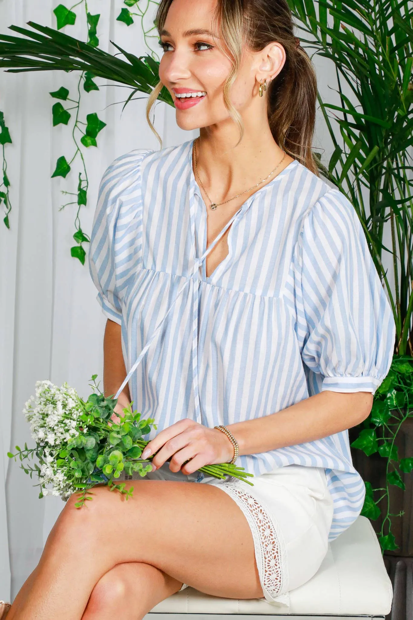 Striped Cotton Tie Neck Top