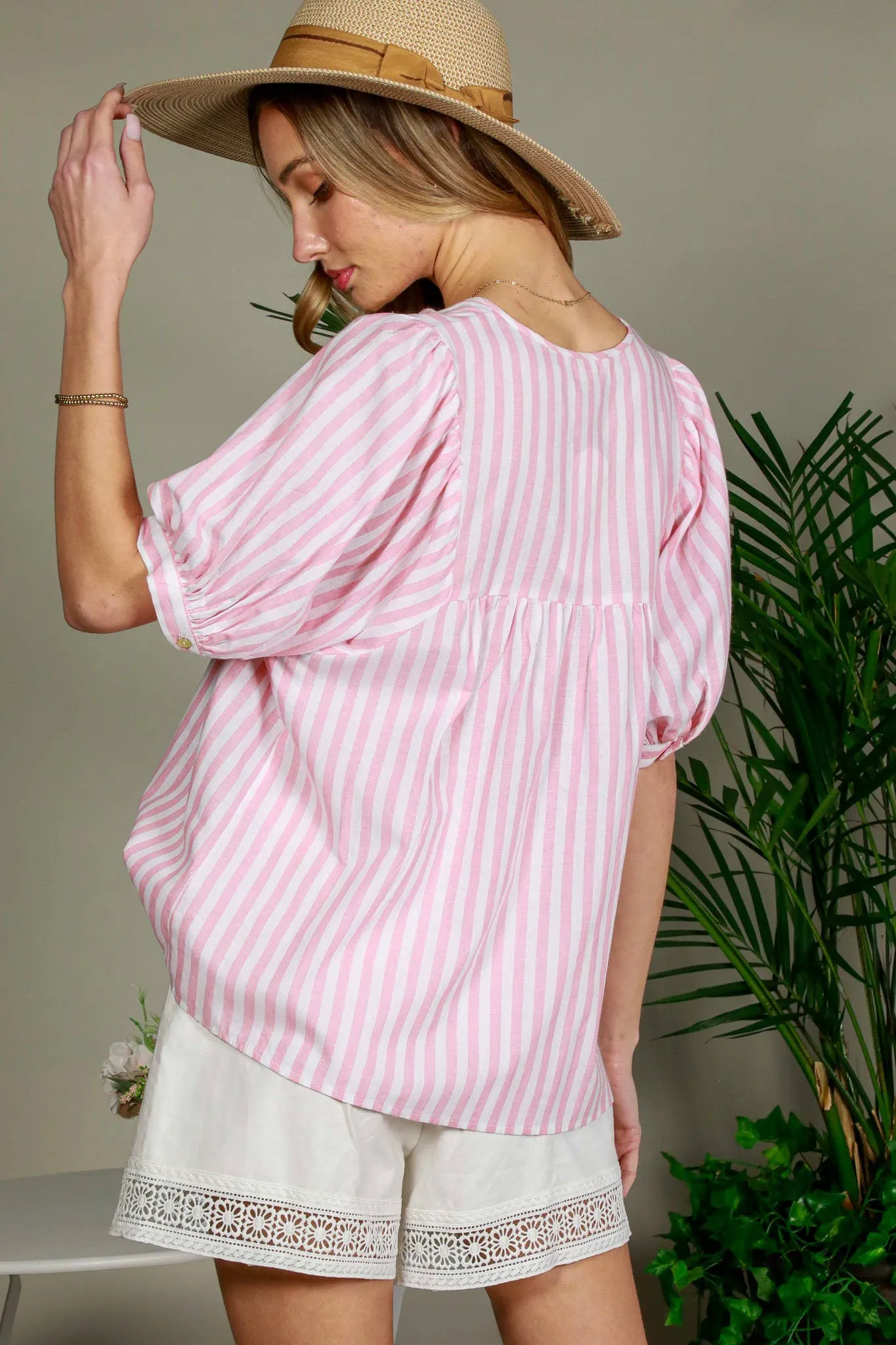 Striped Cotton Tie Neck Top