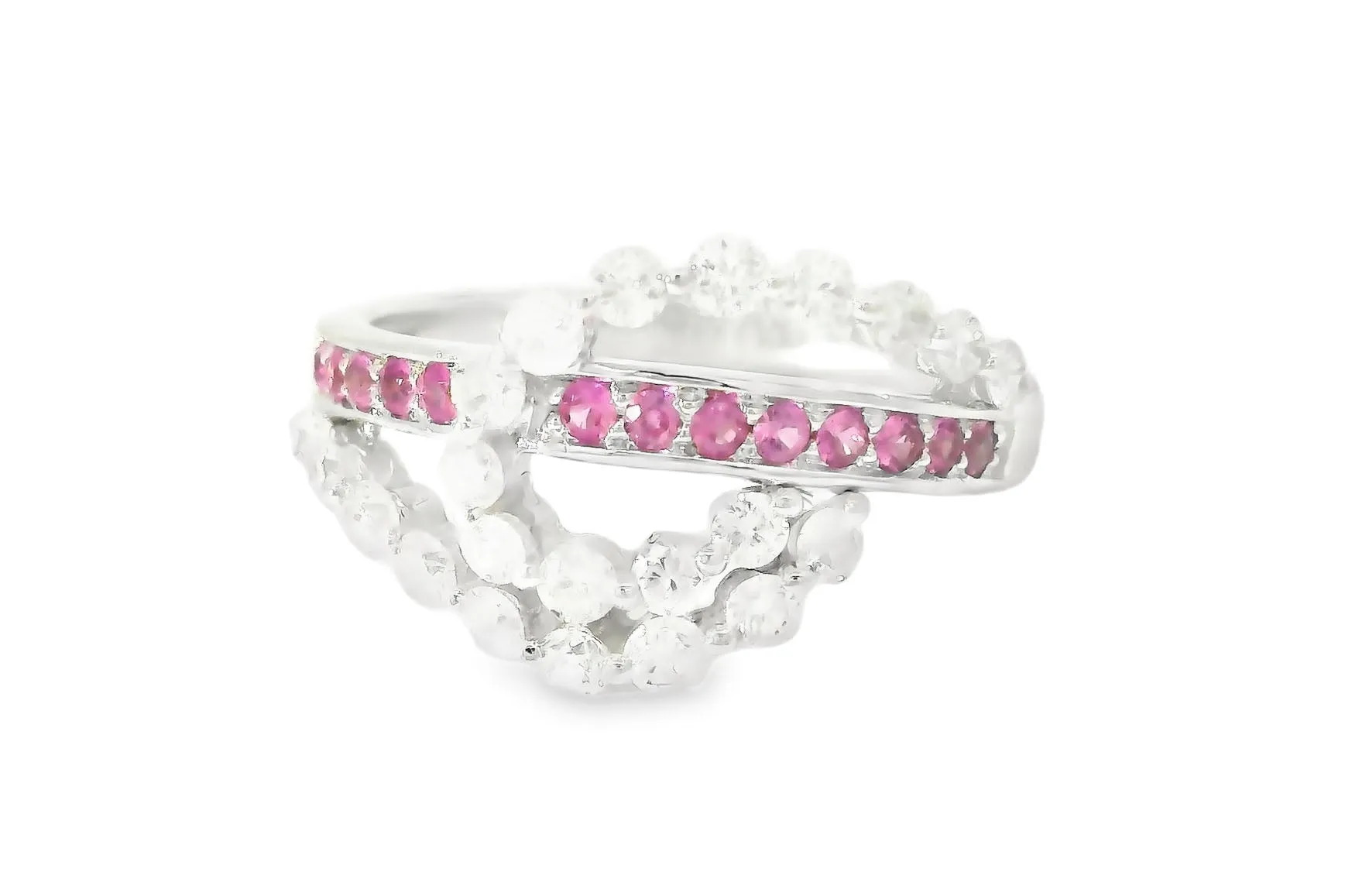 Stunning Estate 14K White Gold Diamond Pink Sapphire Swirl Designer Band Ring