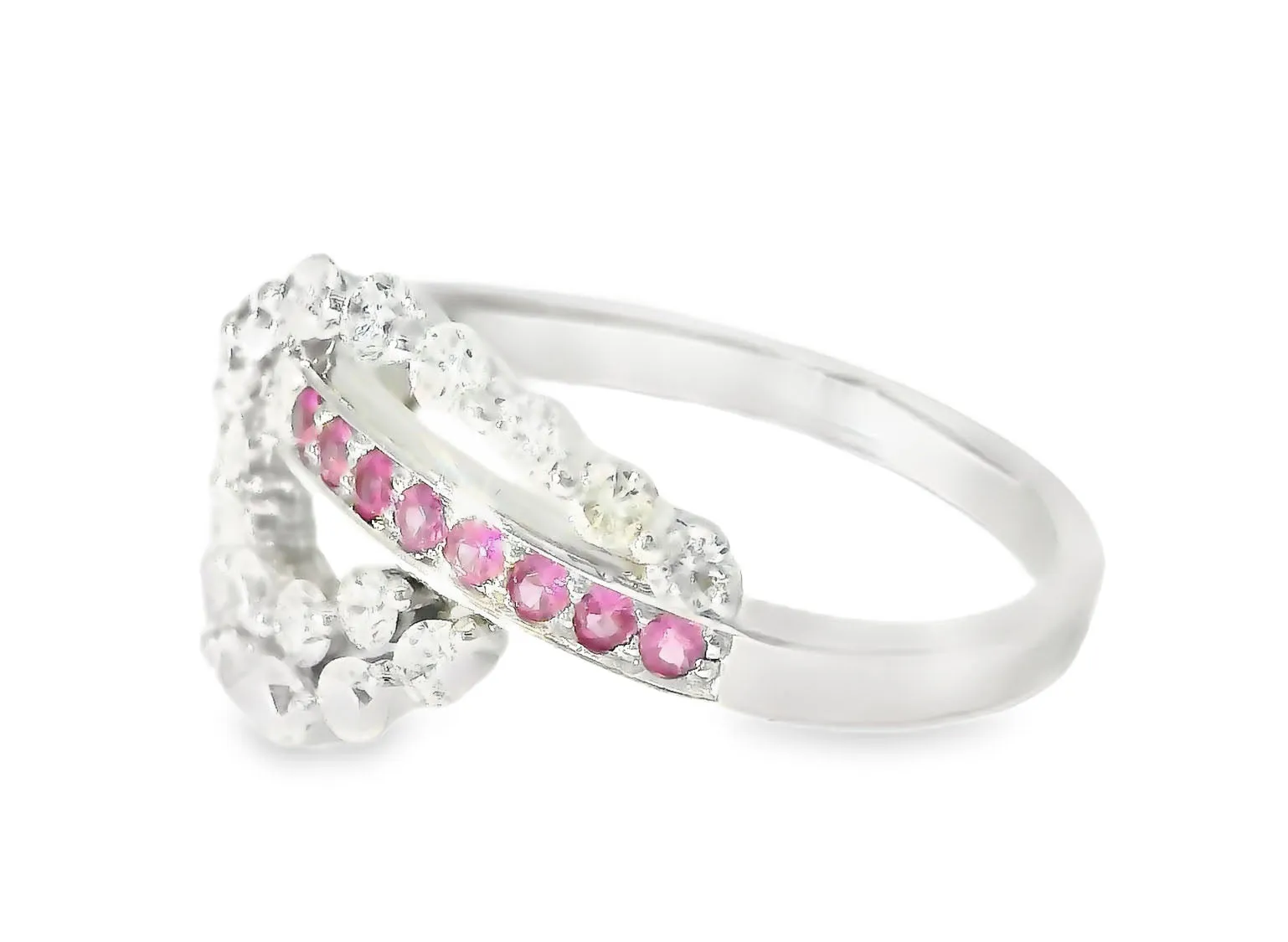 Stunning Estate 14K White Gold Diamond Pink Sapphire Swirl Designer Band Ring