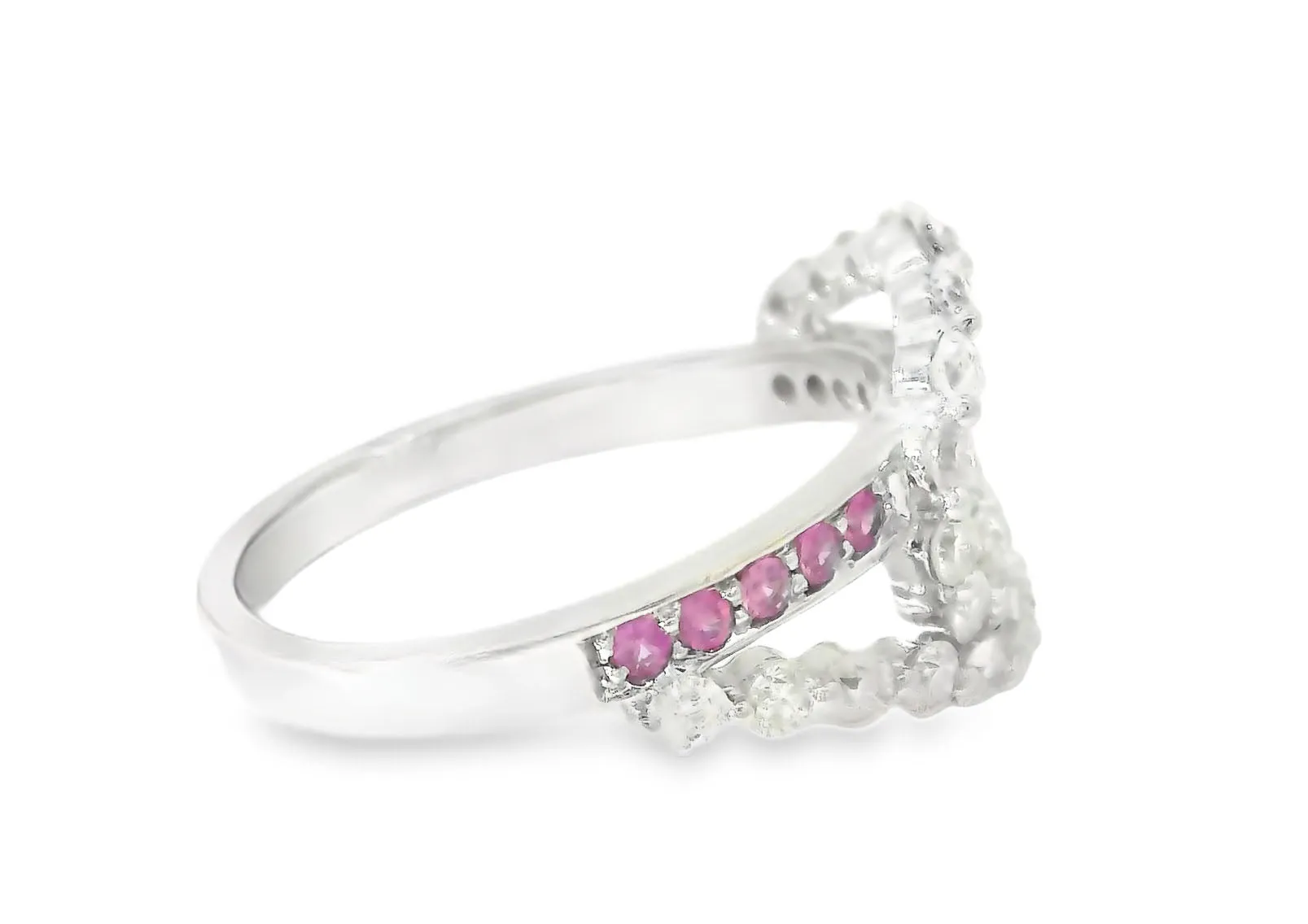 Stunning Estate 14K White Gold Diamond Pink Sapphire Swirl Designer Band Ring