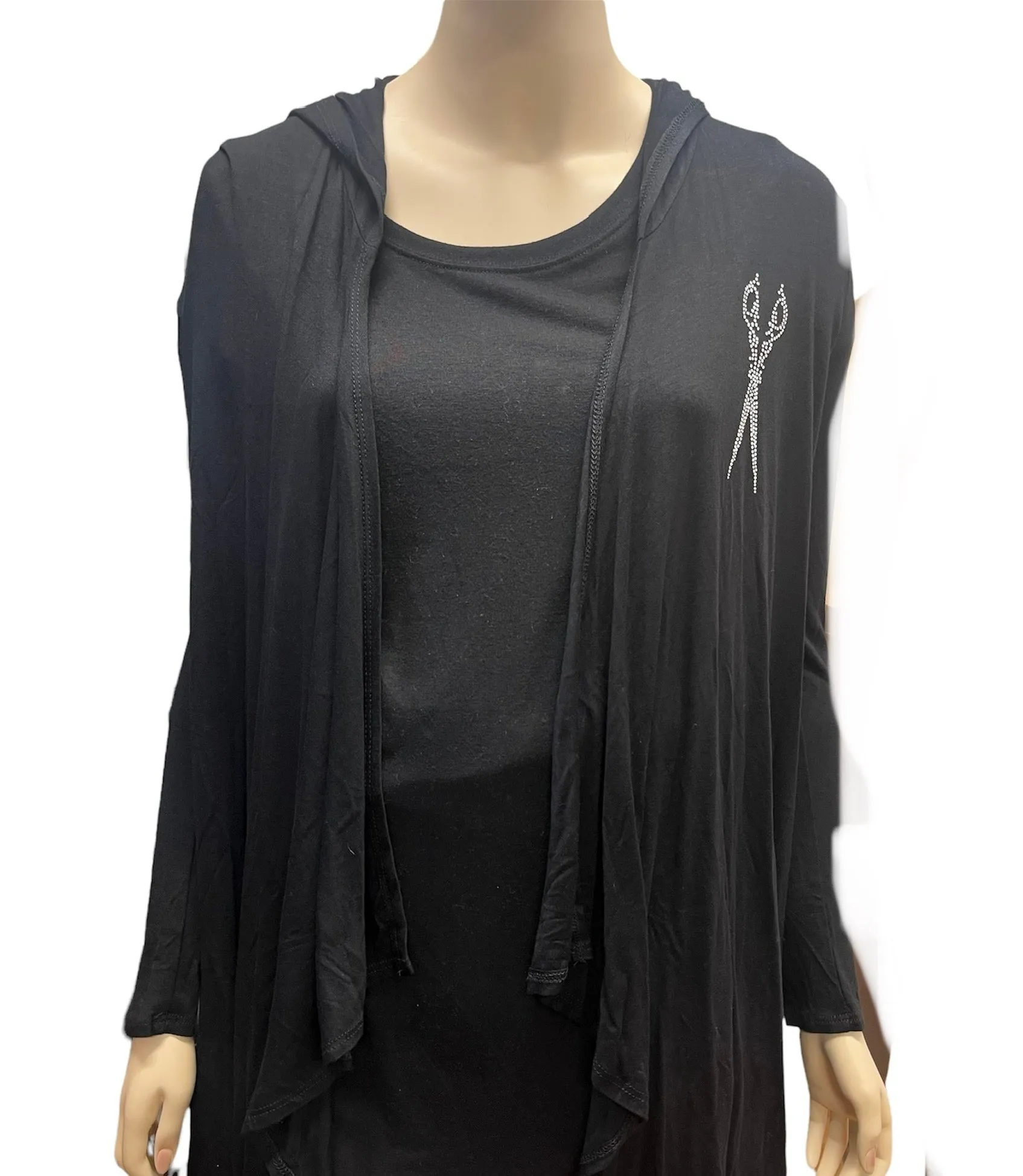 Stylist Mid Length Draped Hood Cardigan with Scissor Rhinestone