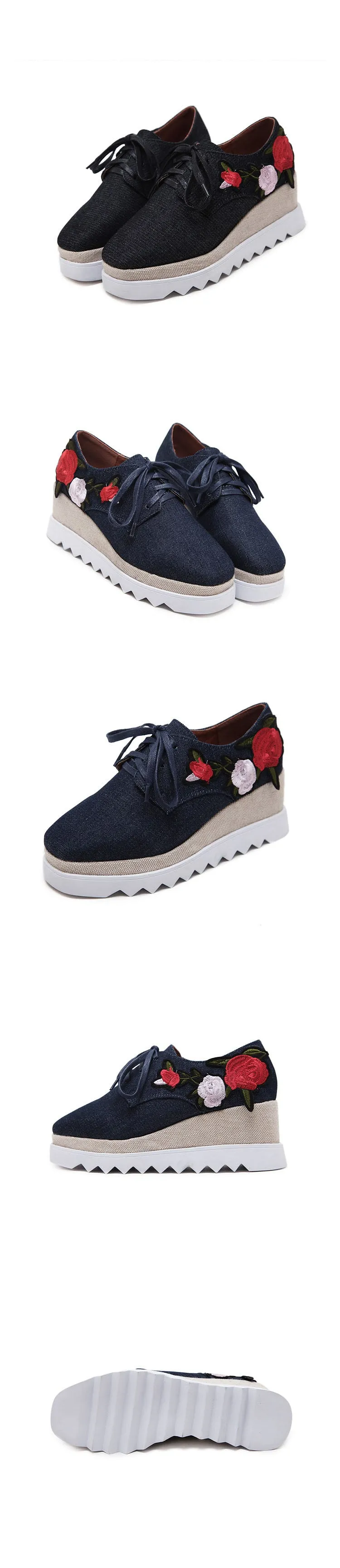 Summer Women's Shoes Thick-soled Tie Waterproof Platform Casual Shoes Embroidery Flower Square Head Single Shoes