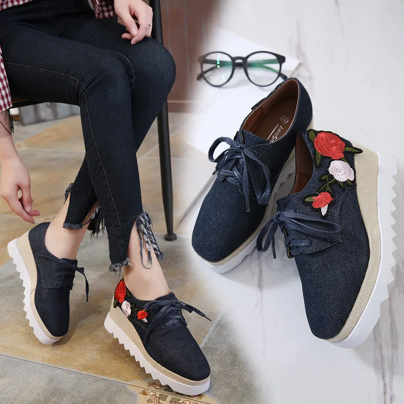 Summer Women's Shoes Thick-soled Tie Waterproof Platform Casual Shoes Embroidery Flower Square Head Single Shoes
