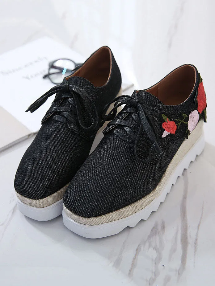 Summer Women's Shoes Thick-soled Tie Waterproof Platform Casual Shoes Embroidery Flower Square Head Single Shoes