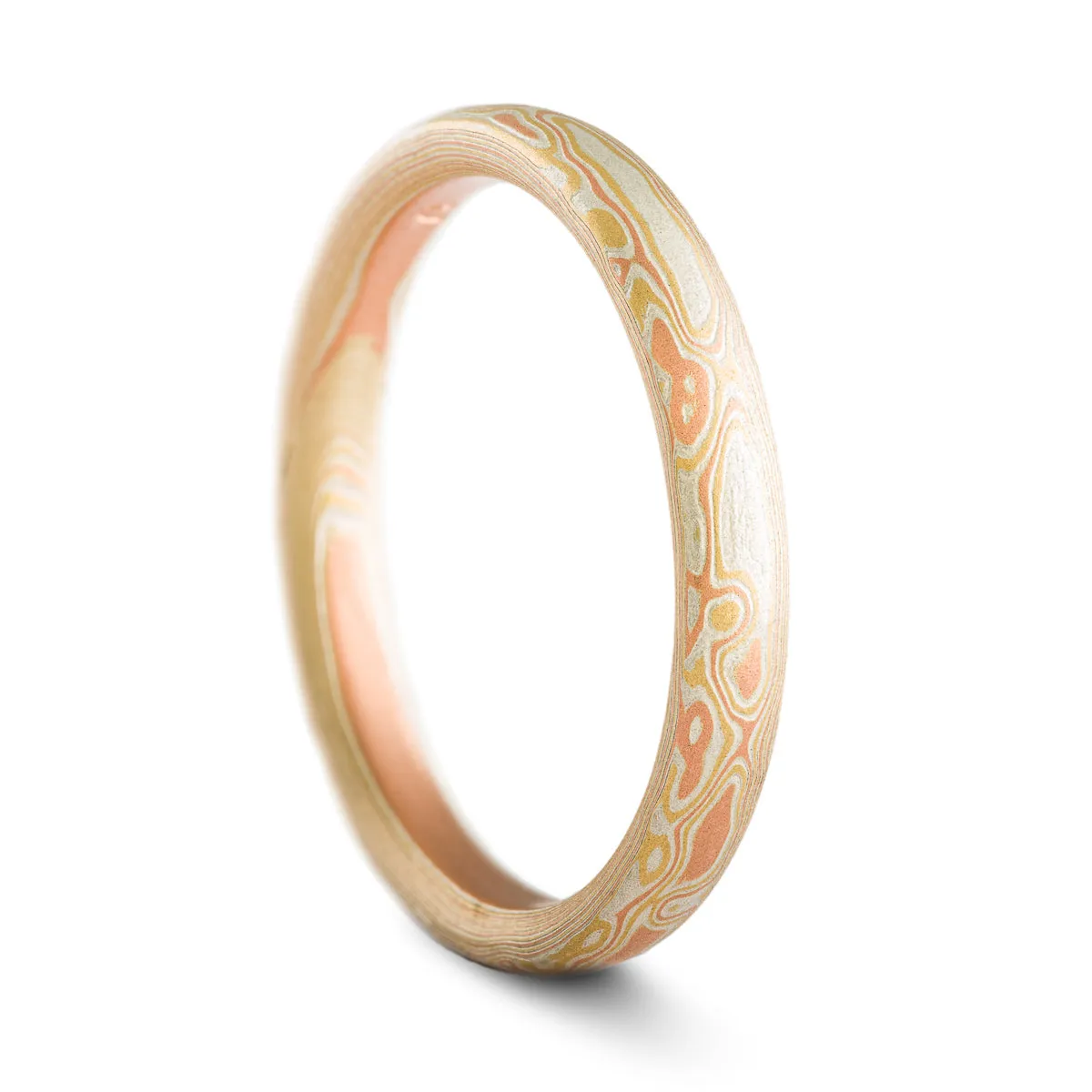 Sunny Cove Mokume Gane Wedding Band or Ring in Non Oxidized Fire Palette and Woodgrain Pattern
