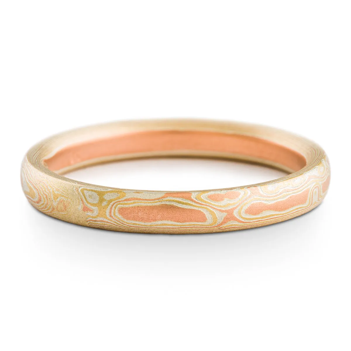 Sunny Cove Mokume Gane Wedding Band or Ring in Non Oxidized Fire Palette and Woodgrain Pattern