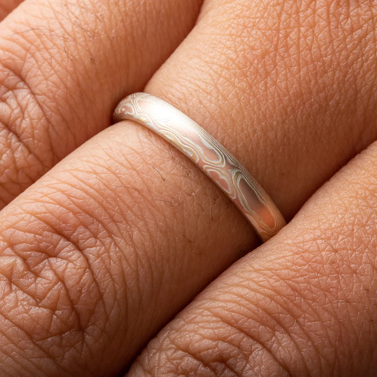 Sunny Cove Mokume Gane Wedding Band or Ring in Non Oxidized Fire Palette and Woodgrain Pattern