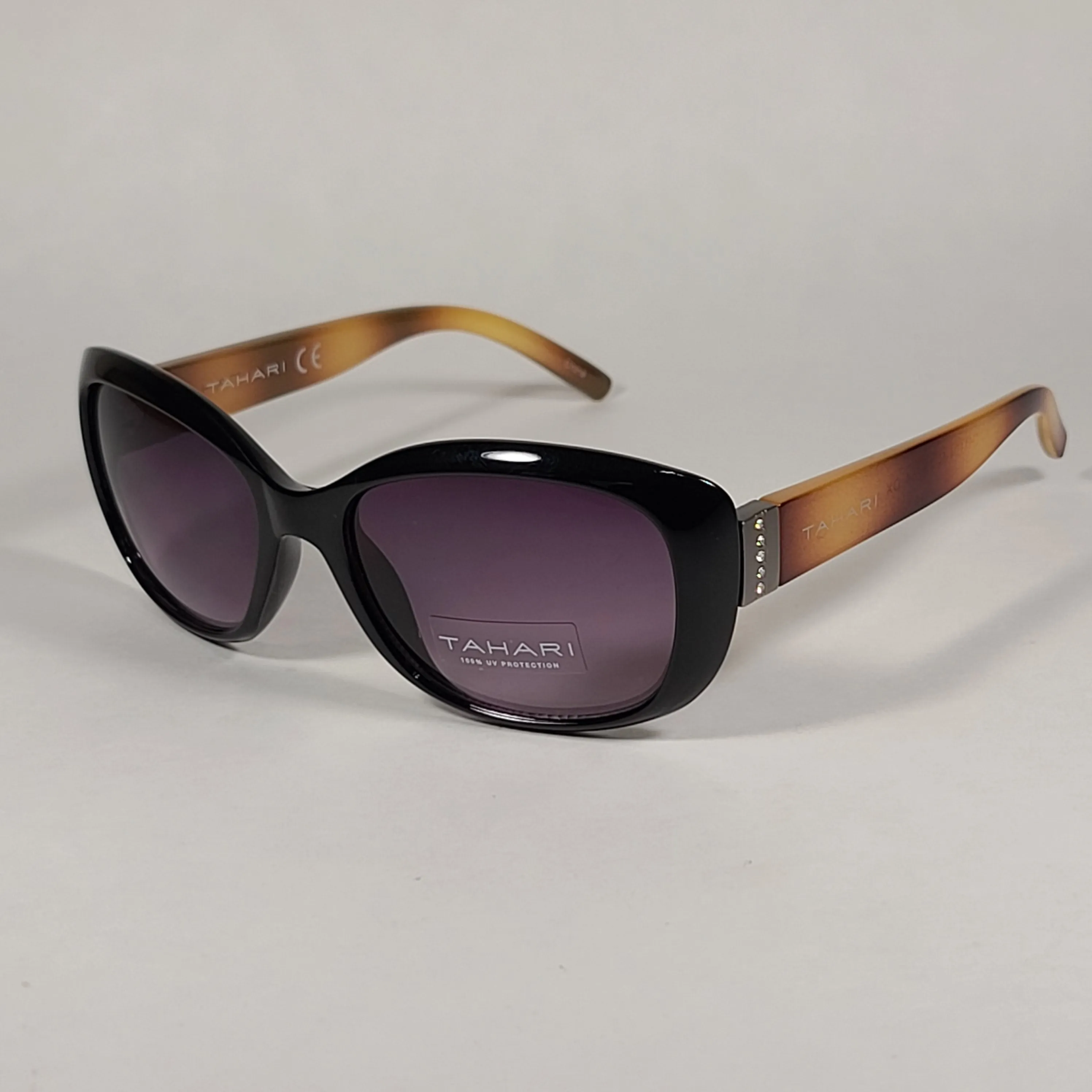 Tahari Oval Sunglasses Black And Light Havana Frame Rhinestone Temples Smoke Lens TH754 OX